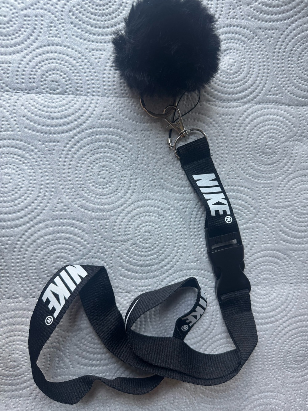 Nike Black and White Logo Lanyard with Black Pom Keychain